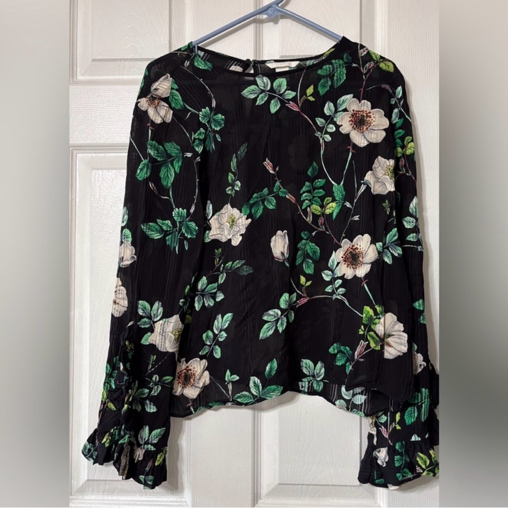 H&M Women’s Size 14 Black and Green Floral Long Sleeve Blouse